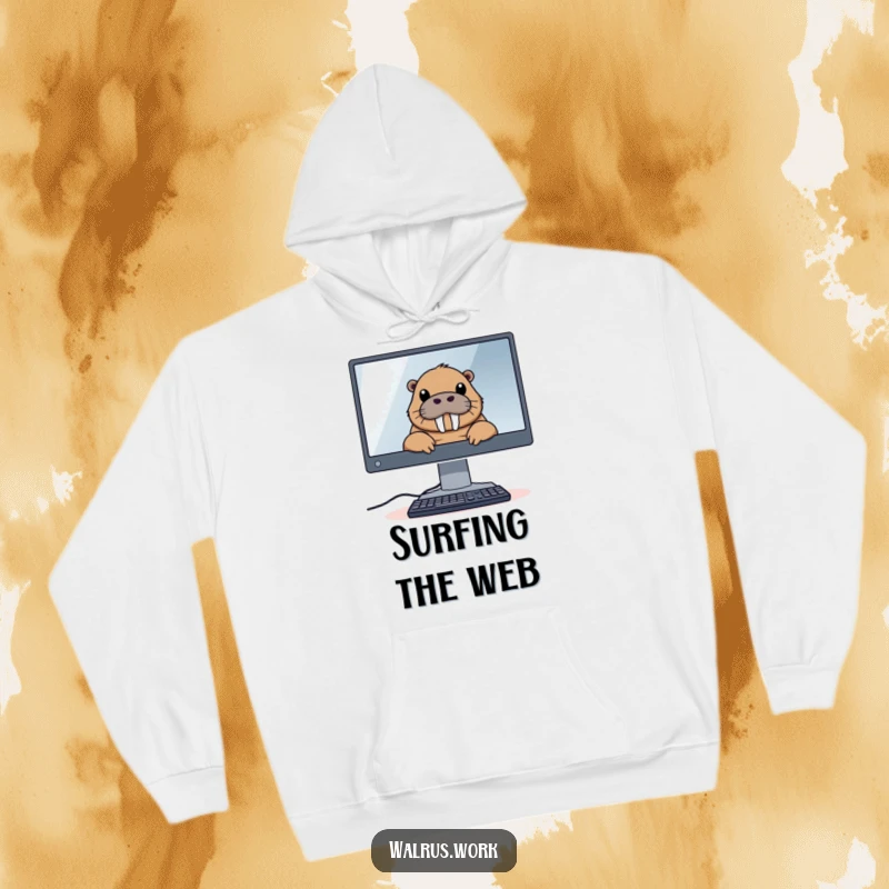Funny hoodie depicting a walrus peeking over a large computer monitor, offering warmth and a humorous nod to technology.