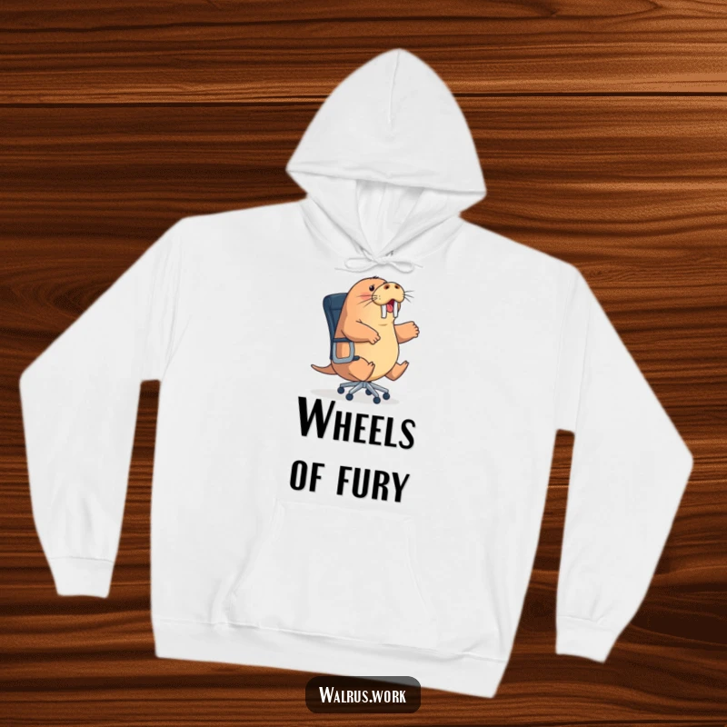 Funny energetic walrus hoodie showing a sea mammal trying to ride a rolling office chair, a cozy funny gift.
