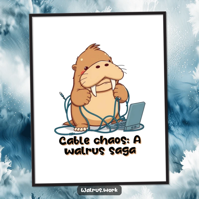 Free Printable Wall Art: A determined walrus heroically battles an epic, tangled mess of computer cables, expressing tech frustration.