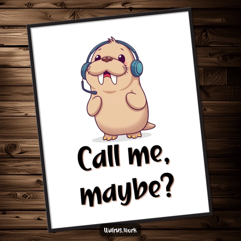 Funny Free Printable Walrus Phone Call Wall Art: A walrus wearing a headset looks shocked by an incoming phone call. Downloadable art.