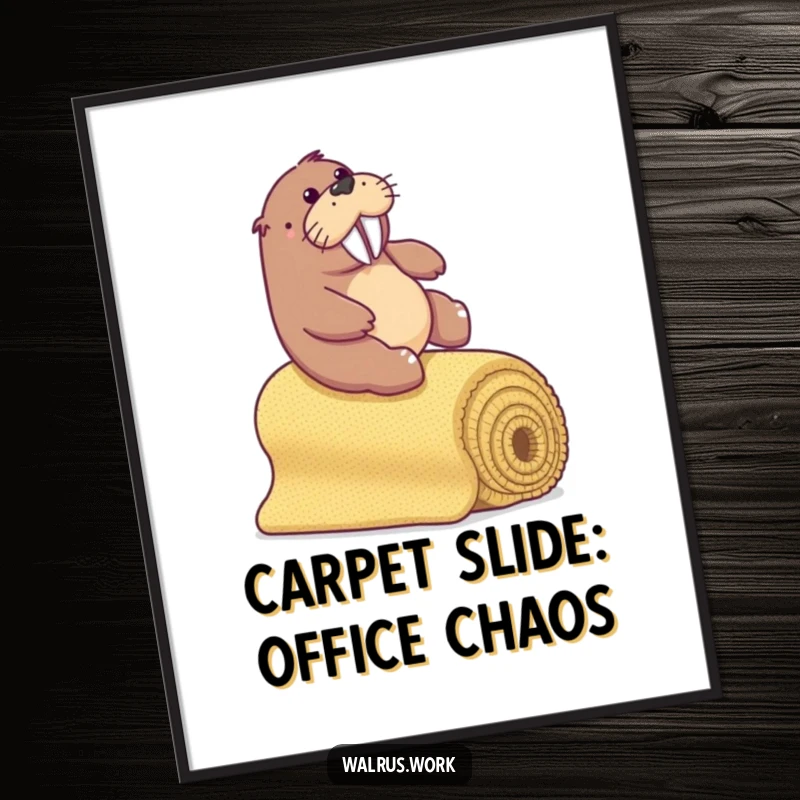 Funny Free Printable Wall Art: Walrus in mid-slide down a bannister made of a rolled-up office carpet, looking thrilled.