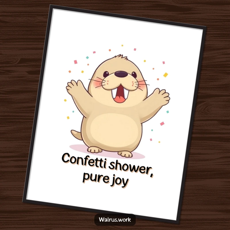 Funny Free Printable Wall Art: A cheerful walrus cheering amidst a shower of confetti, fun 'Print at Home' decor for any room.