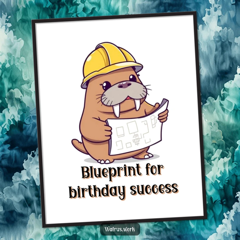 Funny Free Printable Wall Art: A walrus wearing a hard hat curiously studies a blueprint, pondering great ideas.