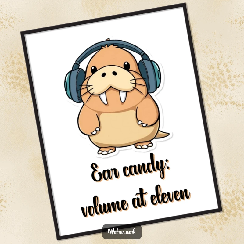 Funny Free Printable Wall Art: A walrus with a comical expression attempts to wear oversized headphones, creating a humorous and relatable scene.