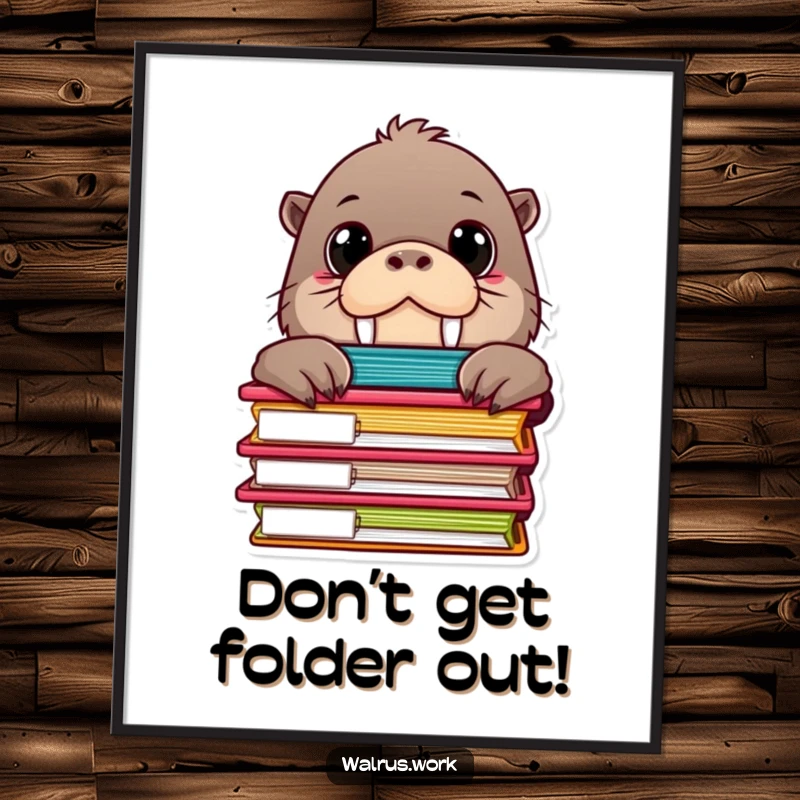 Funny Free Printable Wall Art: Curious walrus with big eyes peeking humorously from behind a stack of colorful file folders.