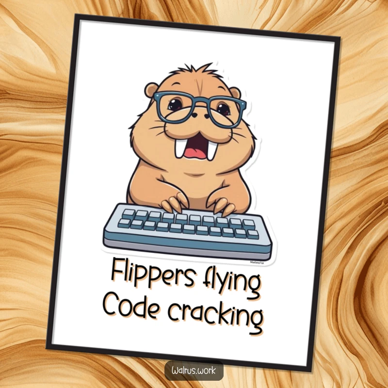 Funny Free Printable Wall Art: A walrus wearing glasses excitedly types on a keyboard, immersed in code.