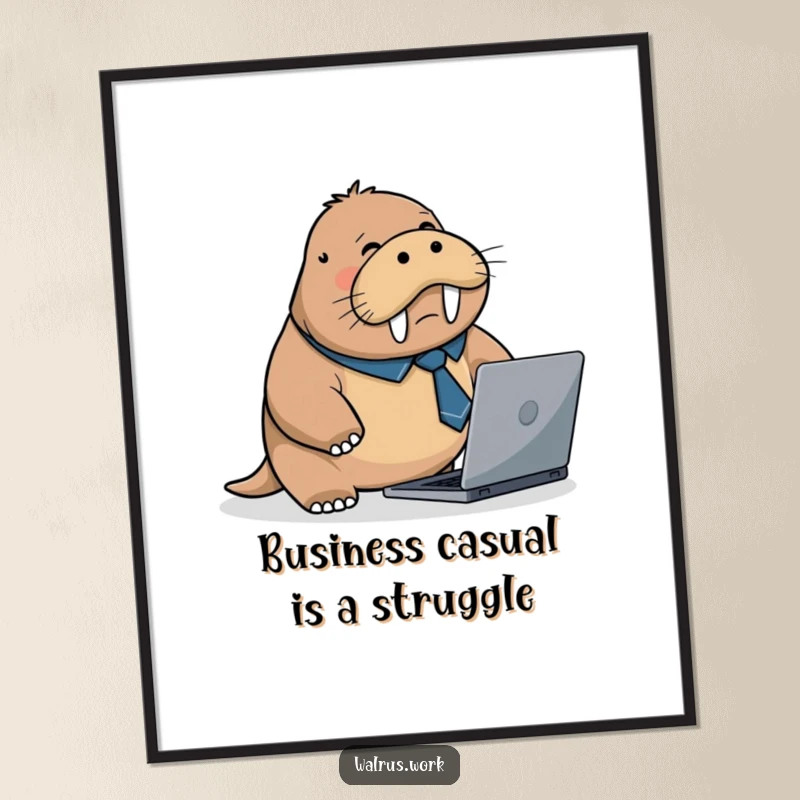Funny Free Printable Wall Art: A flustered walrus, sporting a tiny business tie, humorously trips over a laptop, capturing office chaos.