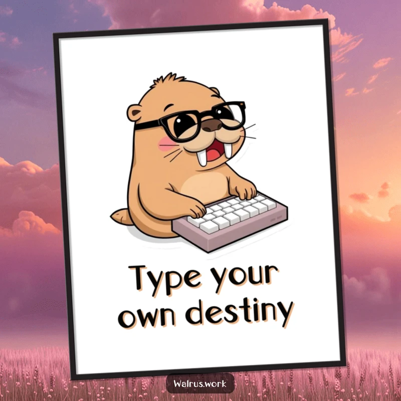 Funny Free Printable Wall Art of a walrus wearing glasses joyfully typing on a miniature keyboard with flippers.