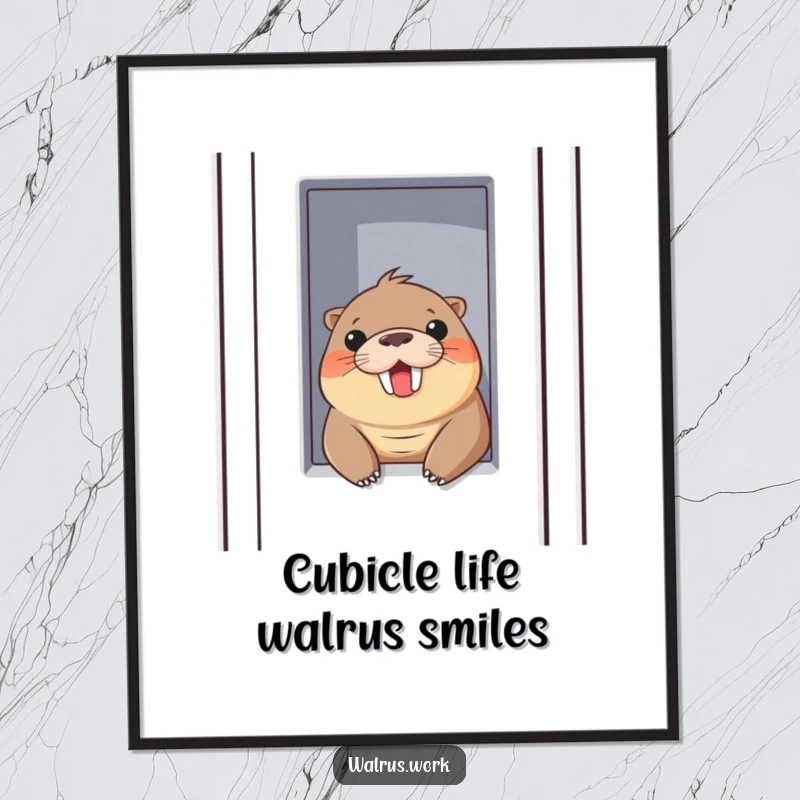 Funny Free Printable Wall Art: Walrus Playfully Peeking Out of Cubicle Wall with a Cheerful Smile, Office Decor