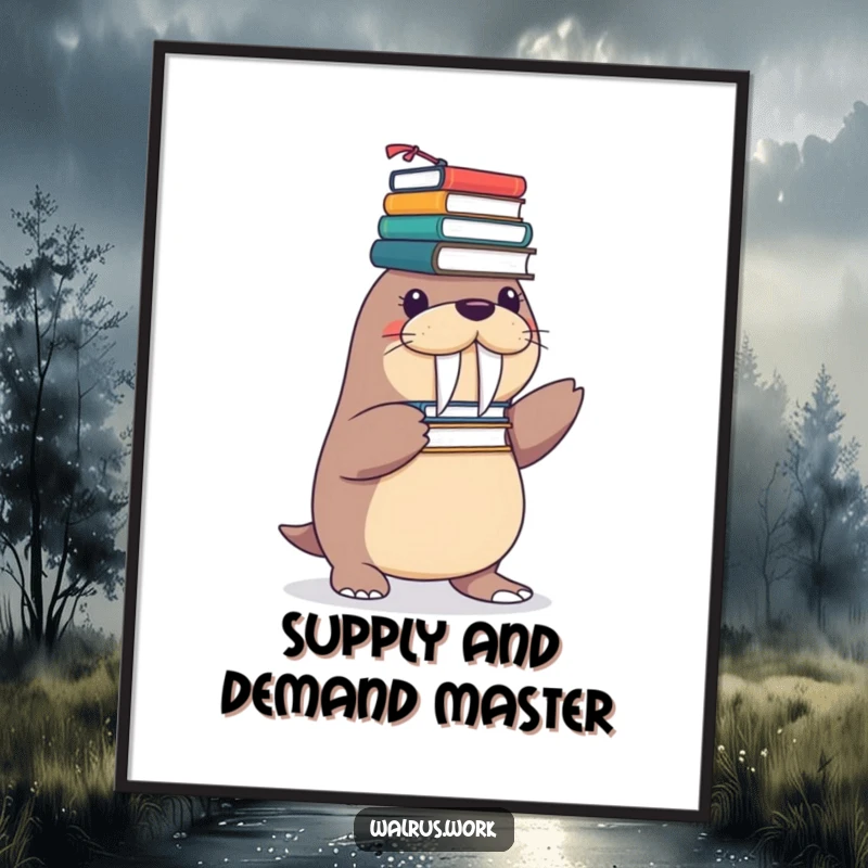 Funny Free Printable Wall Art: Playful walrus teetering with a tall stack of office supplies balanced on its flippers.