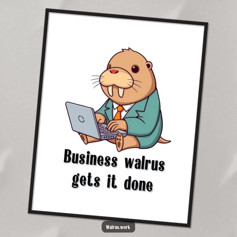 Funny Free Printable Wall Art: Walrus in Tiny Suit Typing Eagerly on Laptop, Humorous Office Decor