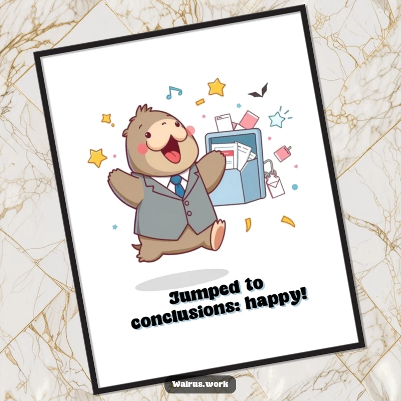 Funny Free Printable Wall Art: A walrus in a tiny suit performing a celebratory jump near a chaotic overflowing inbox.