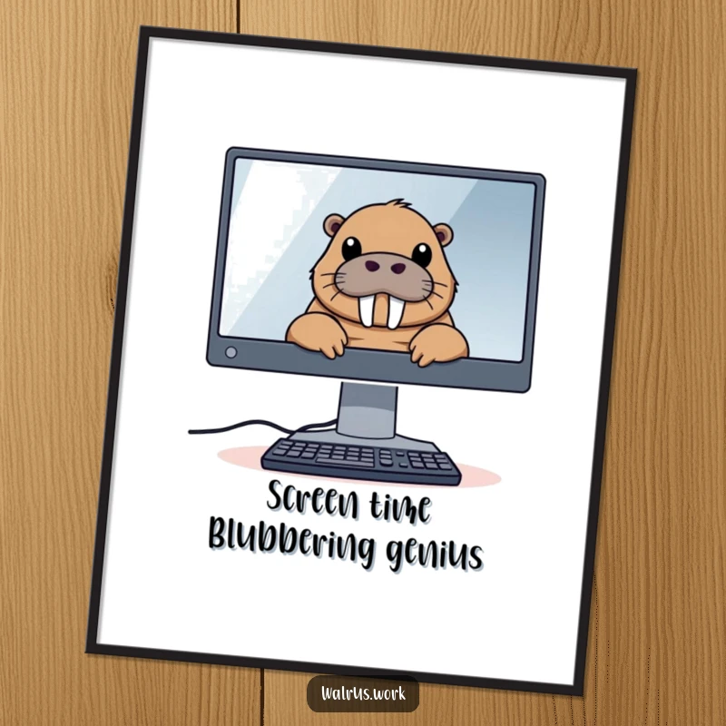 Funny Free Printable Wall Art: A walrus peeks curiously from behind a large computer monitor, observing the digital world.