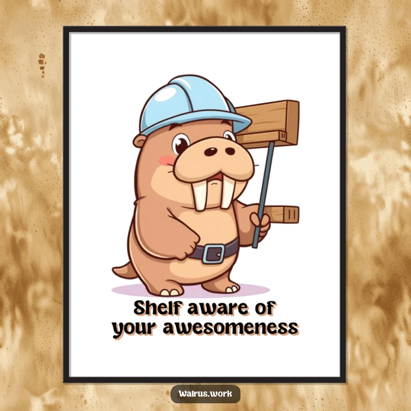 Funny Free Printable Wall Art: Walrus in hard hat straining to hold up a wobbly shelf.