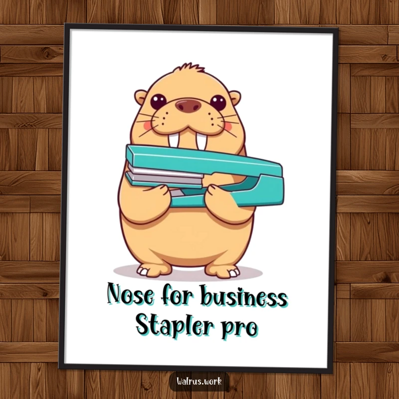 Funny Free Printable Walrus Wall Art: A proud walrus balancing a stapler on its nose, creating a comical office statement.