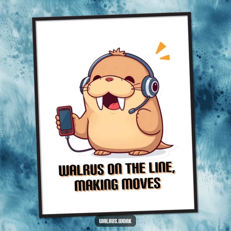 Funny Free Printable Walrus Wall Art: Cheerful walrus wearing a headset, enthusiastically talking on a tiny telephone.