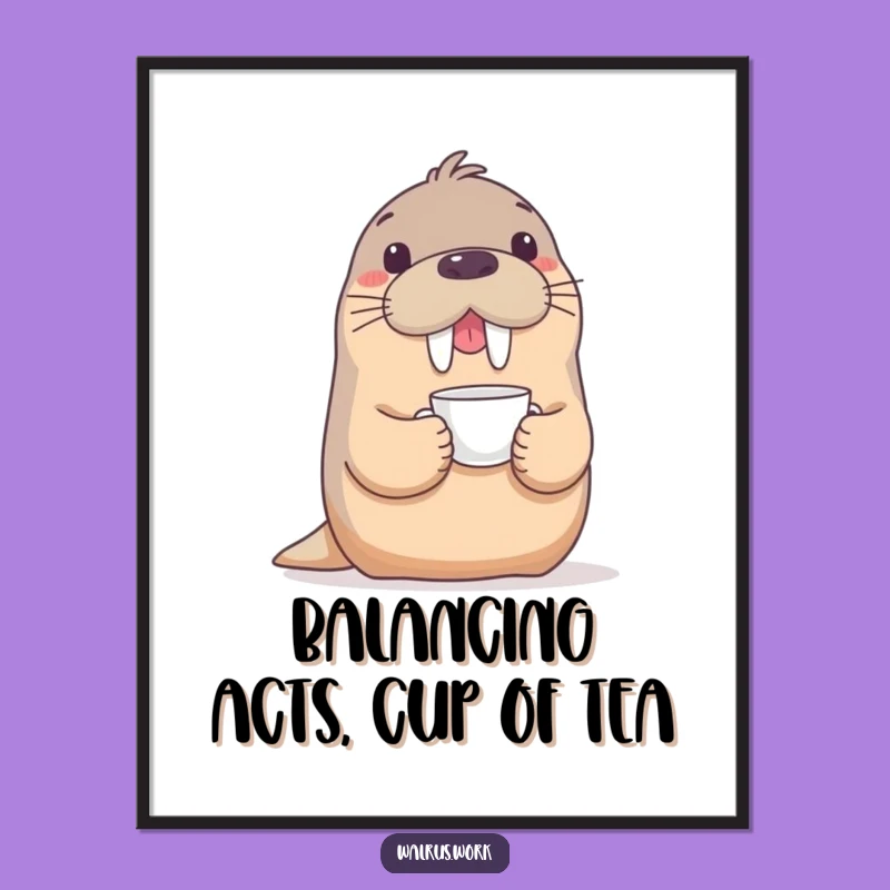 Free Printable Walrus Wall Art: Funny Tea Time Balance Downloadable Decor