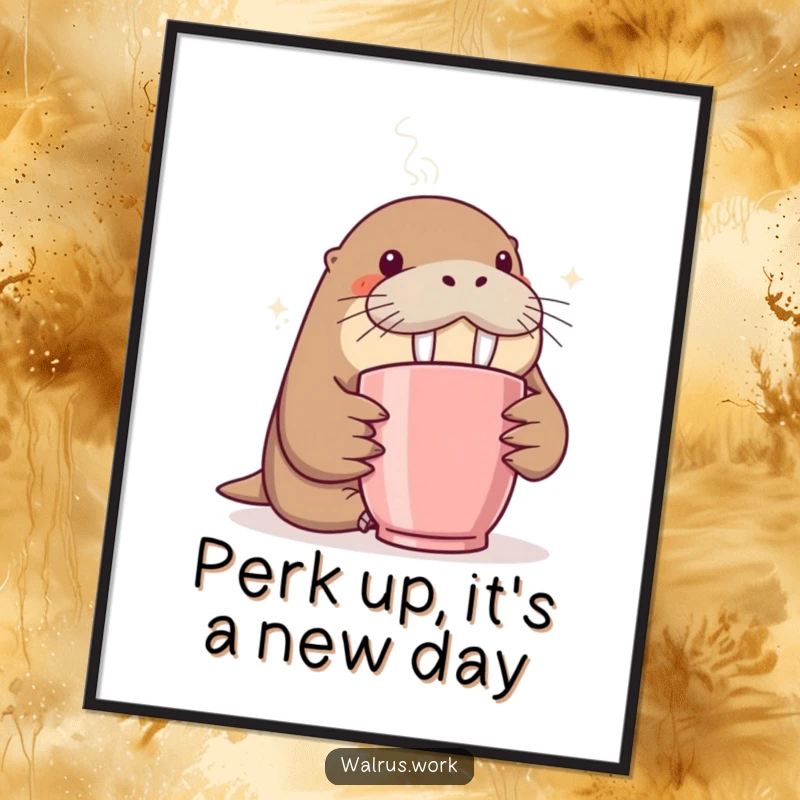 Funny free printable wall art: a curious walrus sniffing a steaming coffee mug, creating a whimsical and humorous decor piece.