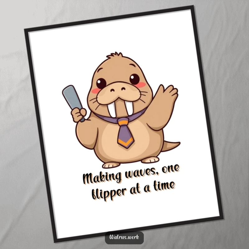 Funny Free Printable Wall Art: A walrus in a tiny, askew tie confidently gestures, bringing dapper humor.