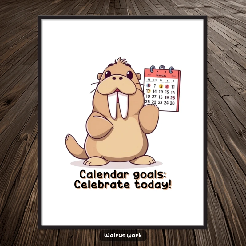 Funny Free Printable Wall Art: A walrus gleefully points at a calendar, celebrating deadlines and special dates with humor.