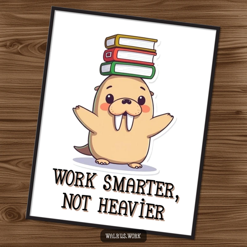 Funny Free Printable Wall Art: A kawaii walrus comically balances a huge stack of files on its head, embodying office stress.