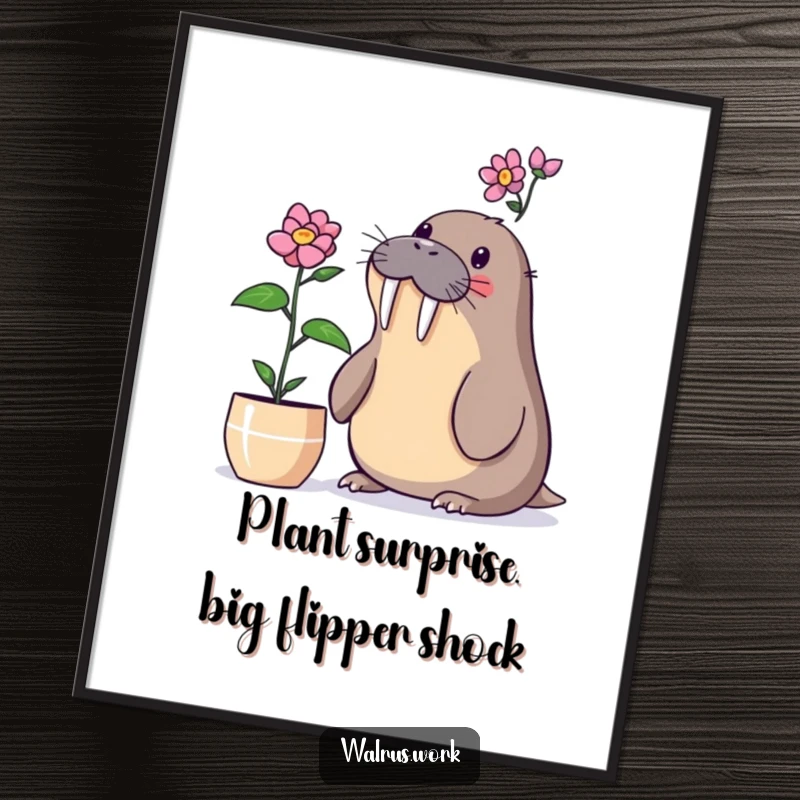Funny Free Printable Wall Art: A walrus surprised by a blooming desk plant, quirky 'Print at Home' decor for a delightful atmosphere.