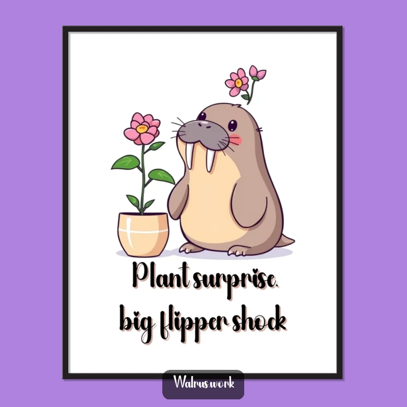 Funny Free Printable Wall Art: Surprised Walrus & Plant Decor Downloadable