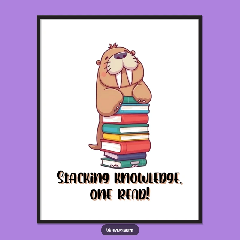 Funny Free Printable Wall Art: Walrus Book Stack Balance, Downloadable Art for Bookish Decor