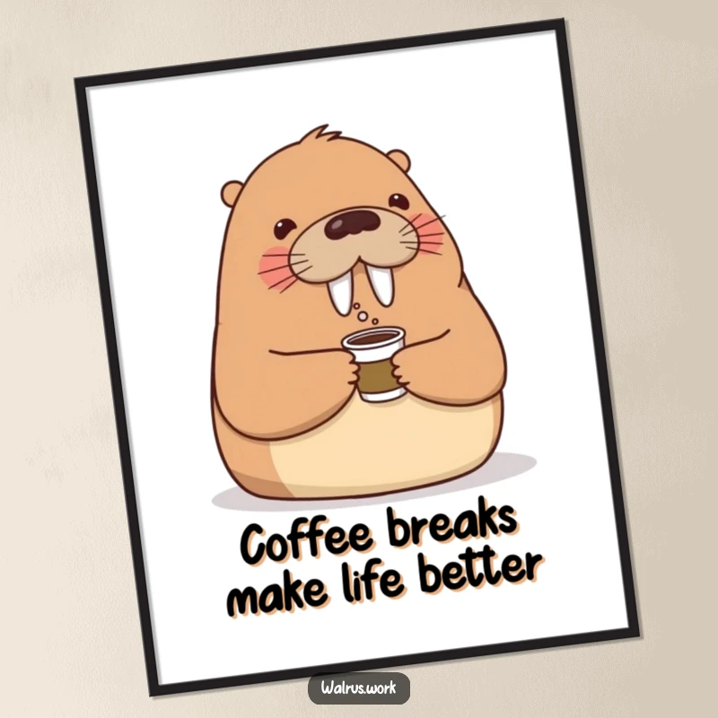 Funny Free Printable Wall Art: A smiling walrus offers a tiny coffee cup to a colleague, promoting office camaraderie.