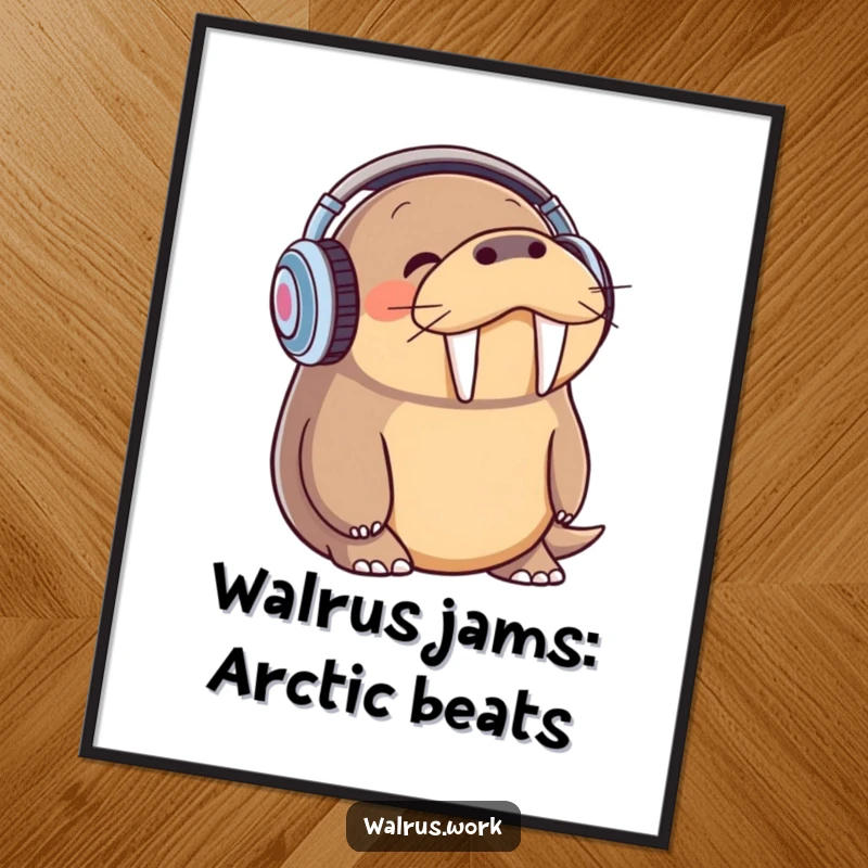 Funny Free Printable Wall Art: Walrus wearing headphones, bopping head enthusiastically, with a musical vibe.
