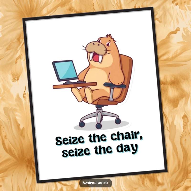 Funny free printable wall art: a walrus gleefully riding an office chair, capturing a moment of pure, unadulterated fun.