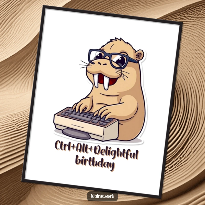 Funny free printable wall art of a walrus in glasses excitedly typing on a computer keyboard, perfect for a home office.