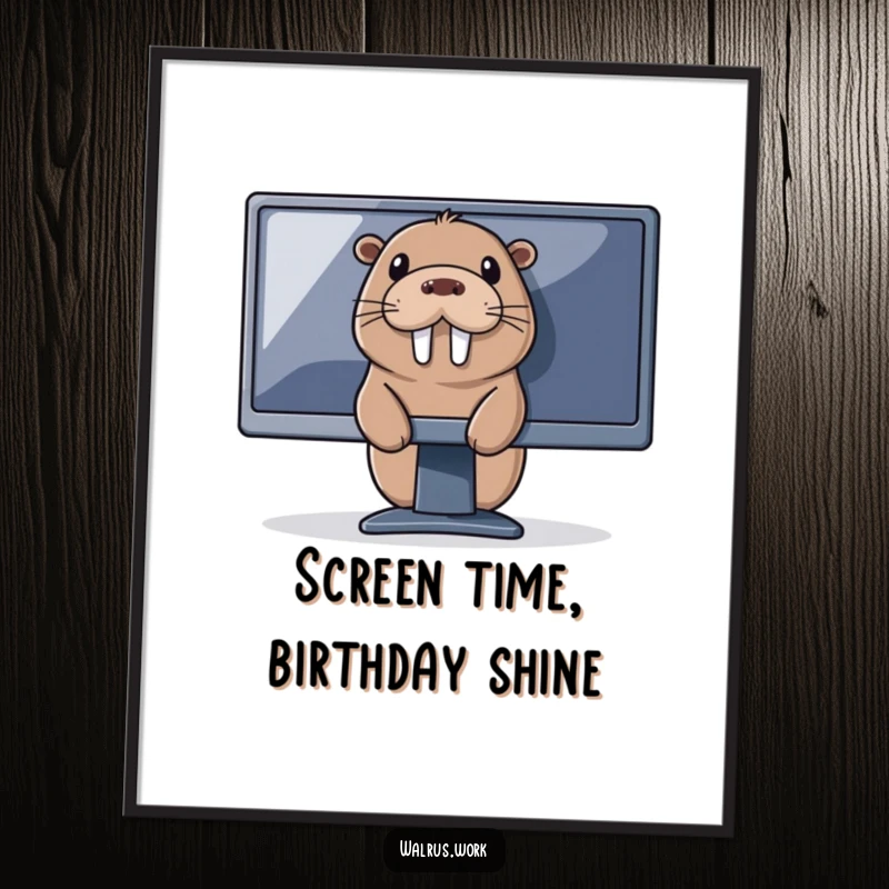 Funny free printable wall art of a whimsical walrus peeking from behind a large computer monitor, perfect for a workspace.