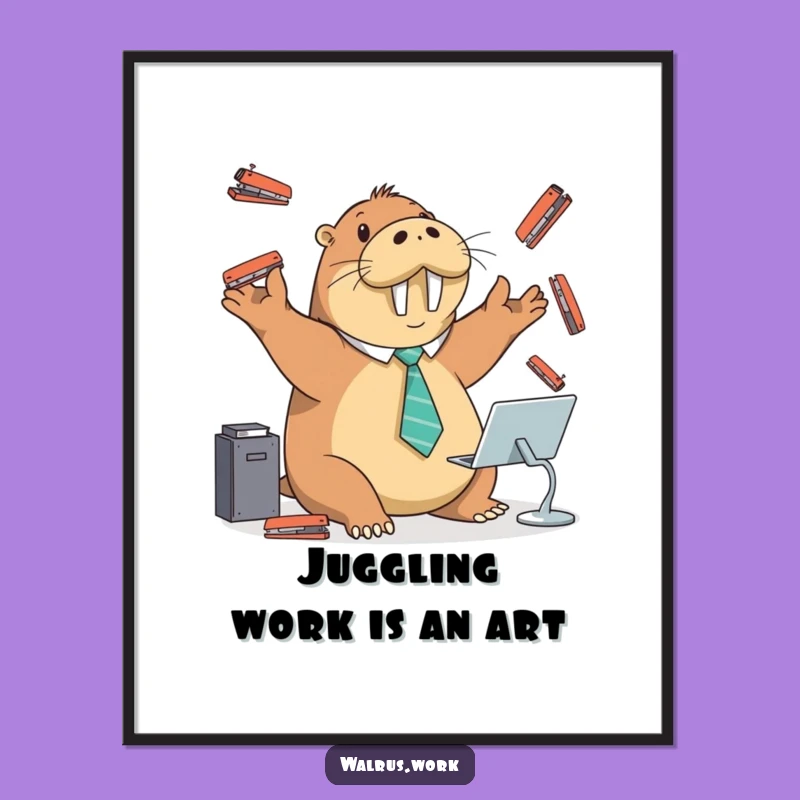 Free Printable Wall Art: Juggling Walrus, Funny Office Decor Downloadable for Desks