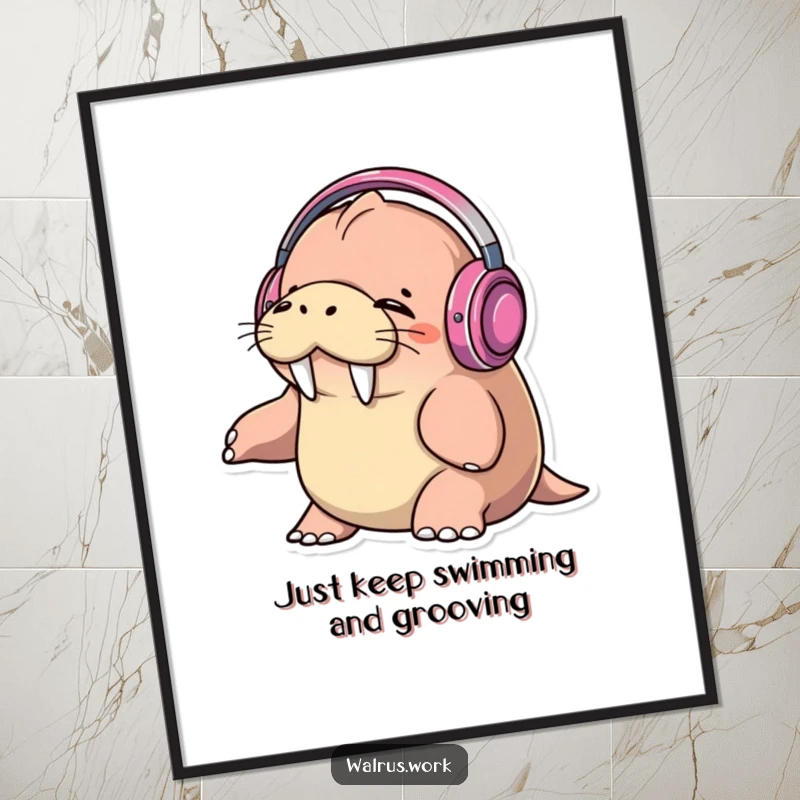 Funny Free Printable Wall Art: A walrus wearing headphones, eyes closed, bopping its head to music, looking super chill.