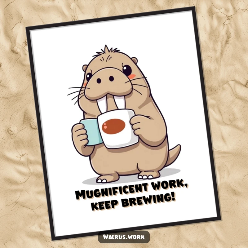 Funny Free Printable Wall Art: An enthusiastic Walrus proudly displays a steaming coffee mug, perfect for kitchen or office.