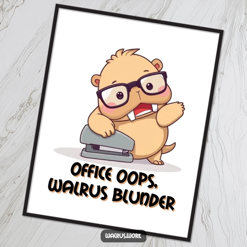 Funny Free Printable walrus wearing spectacles stumbling over a stapler, comical office wall art.