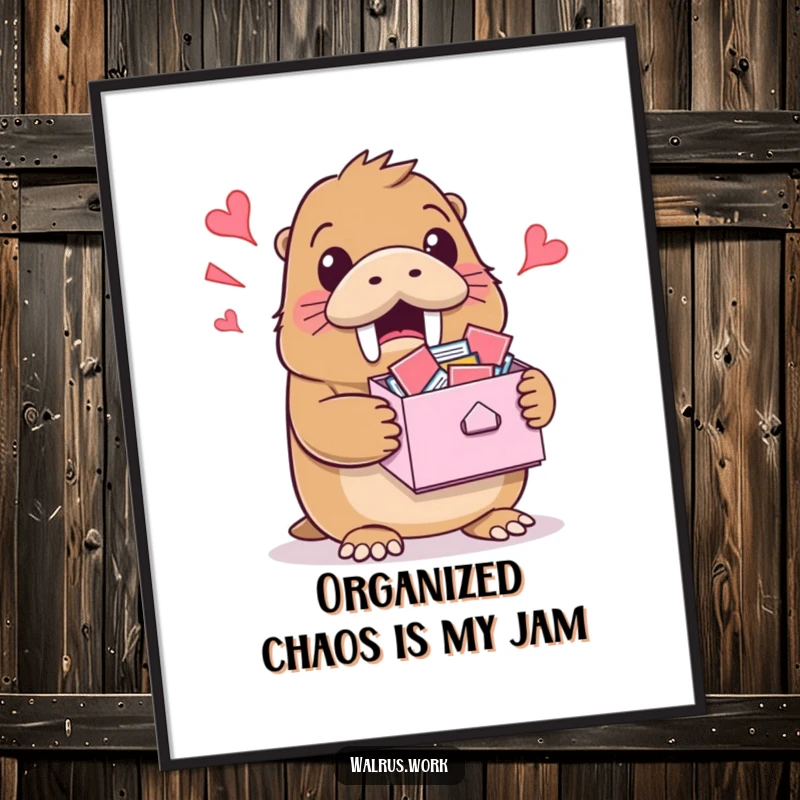 Funny Free Printable Wall Art: A walrus holds an overflowing inbox with a surprised grin, capturing the humor of modern work life.