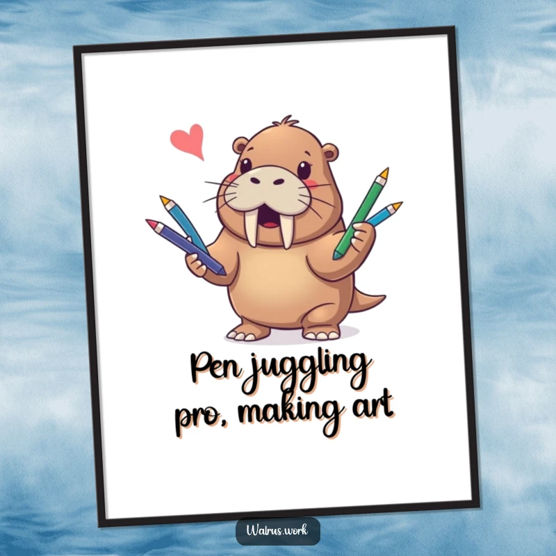 Funny Free Printable Walrus Wall Art showing a happy walrus artistically juggling colorful pens, a whimsical piece of downloadable art.
