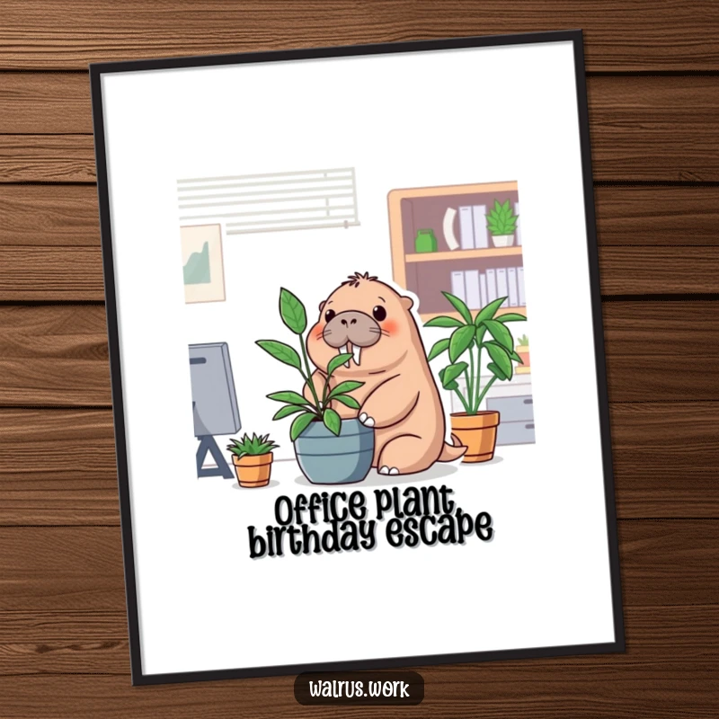 Funny Free Printable Wall Art: A walrus is playfully hiding behind a potted office plant, bringing a smile.