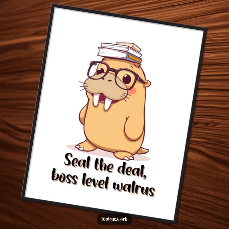 Funny Free Printable Walrus Wall Art: Smiling walrus with glasses precariously balances a tall stack of papers on its nose.