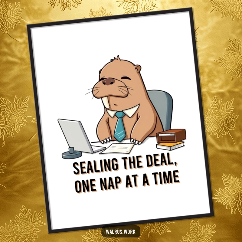 Funny Free Printable wall art showcasing a sleepy walrus wearing a tie, slumped over his desk in a humorous pose.