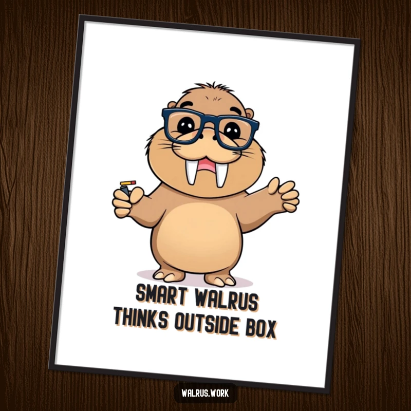 Funny Free Printable Wall Art: Cute Walrus with Glasses Pointing at Whiteboard with Triumphant Grin, Smart Decor