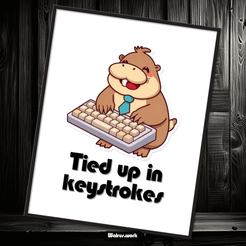 Funny Free Printable Wall Art: A smiling walrus in a miniature tie is intensely focused on typing on a comically large keyboard.