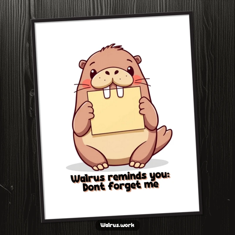 Funny Free Printable Wall Art: Walrus enthusiastically presenting a bright, bold sticky note, cheerful downloadable decor.