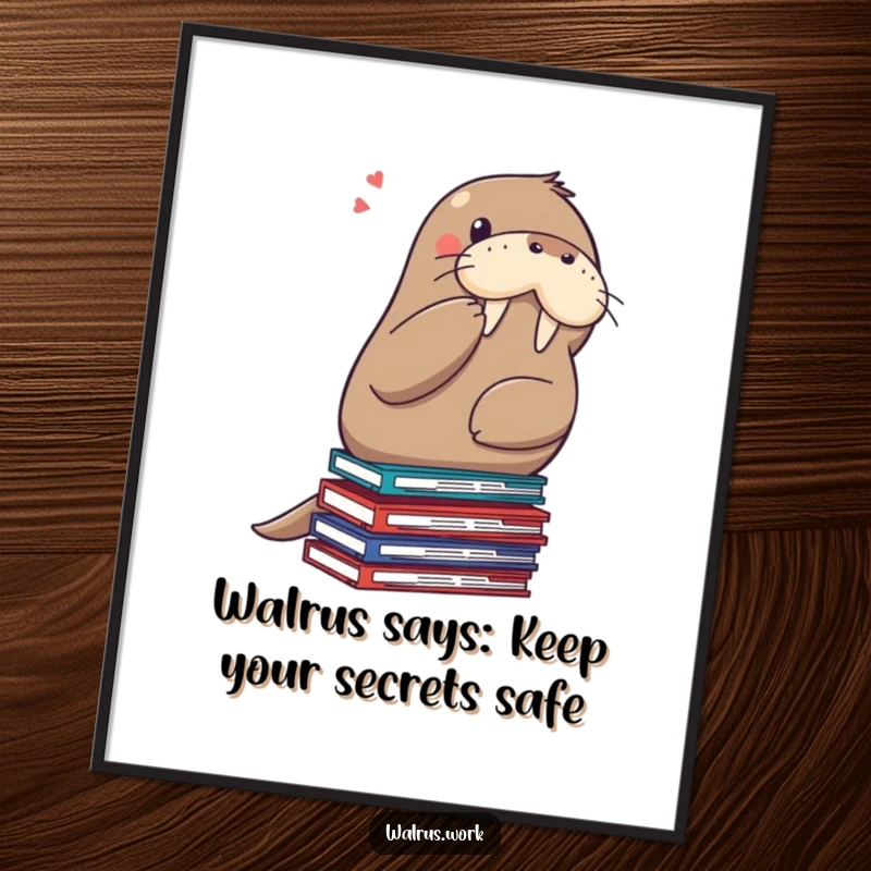 Funny Free Printable Wall Art: Walrus shushing with its paw while balancing on a stack of files, quirky downloadable decor.