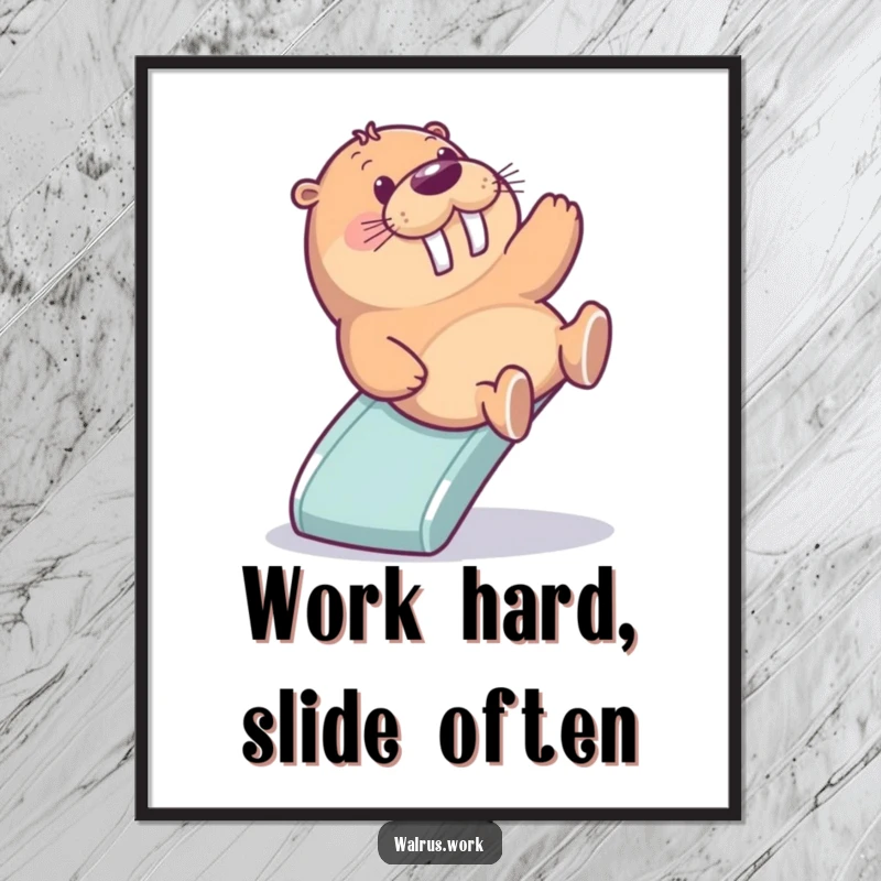 Funny Free Printable Wall Art: A walrus experiences pure delight while sliding down a mini office slide.