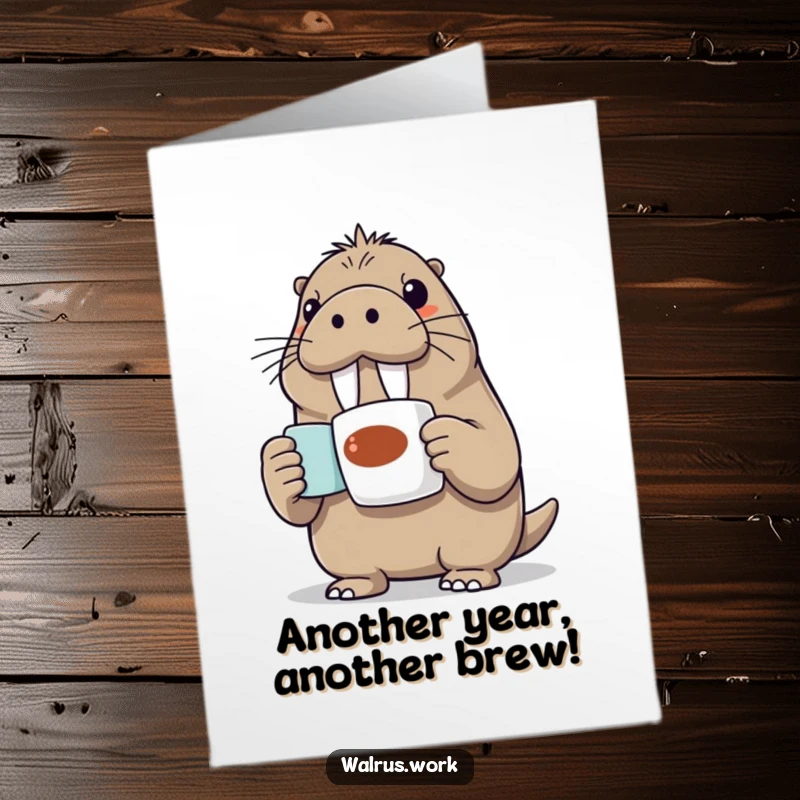 Funny Free Printable Birthday Card: Enthusiastic Walrus proudly offers a steaming coffee mug, spreading cheer. Perfect for coffee lovers.