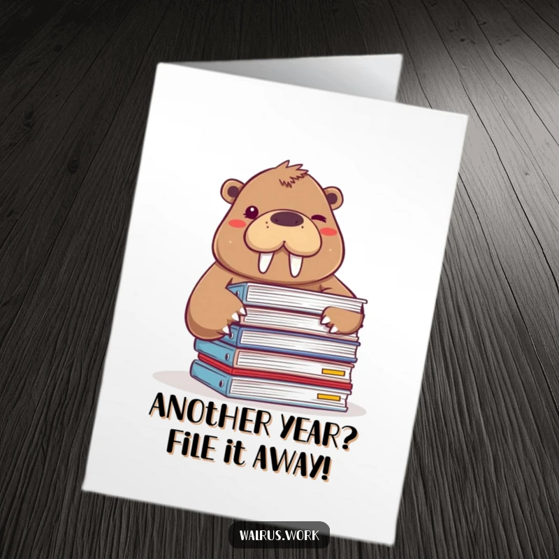 Funny Free Printable Birthday Card: A winking walrus peeks mischievously from behind a huge stack of files, ready to celebrate.