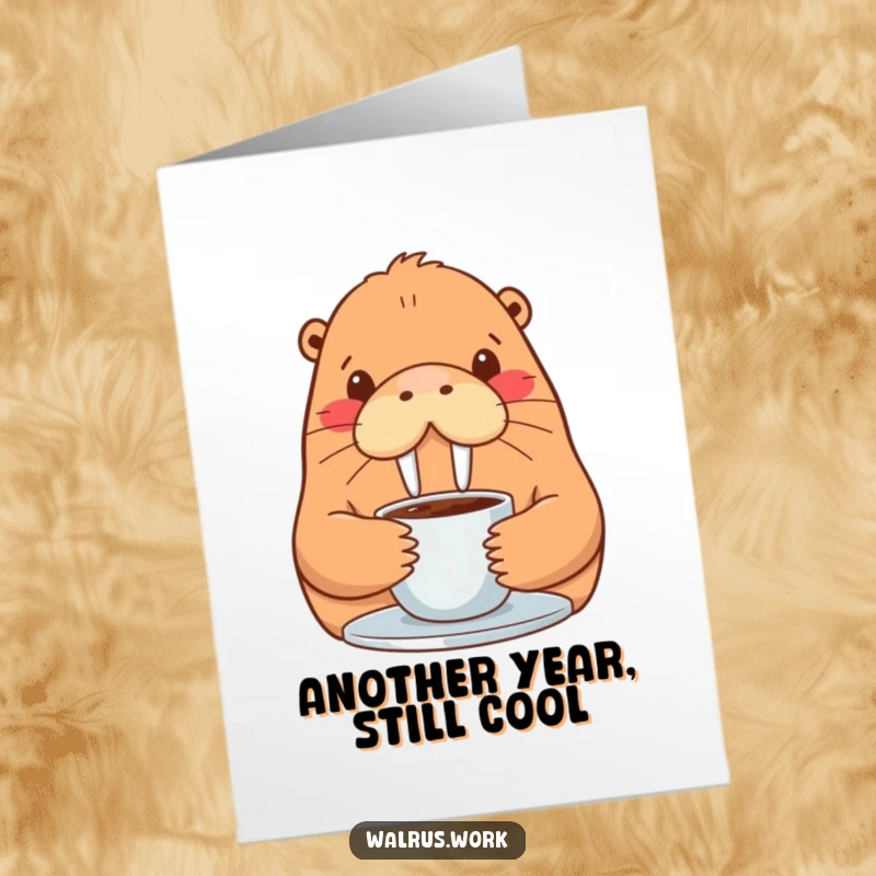 Funny Free Printable Birthday Card: Contented walrus enjoying coffee, a perfect humorous downloadable gift.